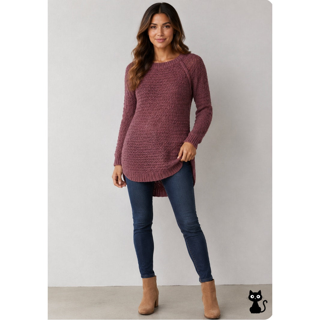 Frenchi Eggplant Soft Plum Fuzzy Loose-Knit Long Sleeve Round Neck Sweater XS