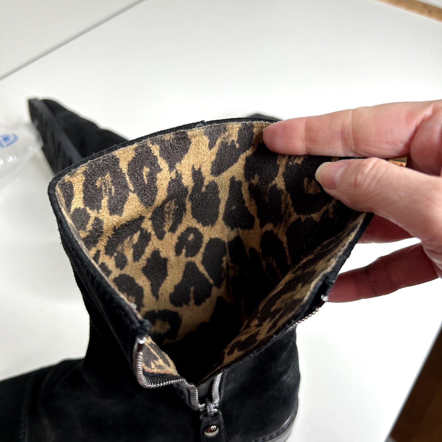 Stuart Weitzman Black Suede Mid-Calf Boots Cheetah Print Round Toe Booties 4