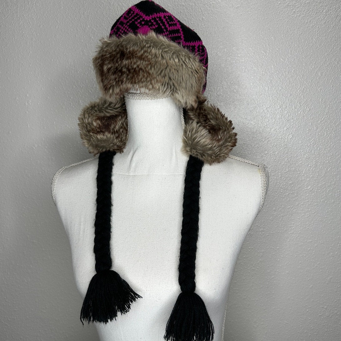 Billabong Pink Black Blue Knit with Faux Fur Trapper Hat OS