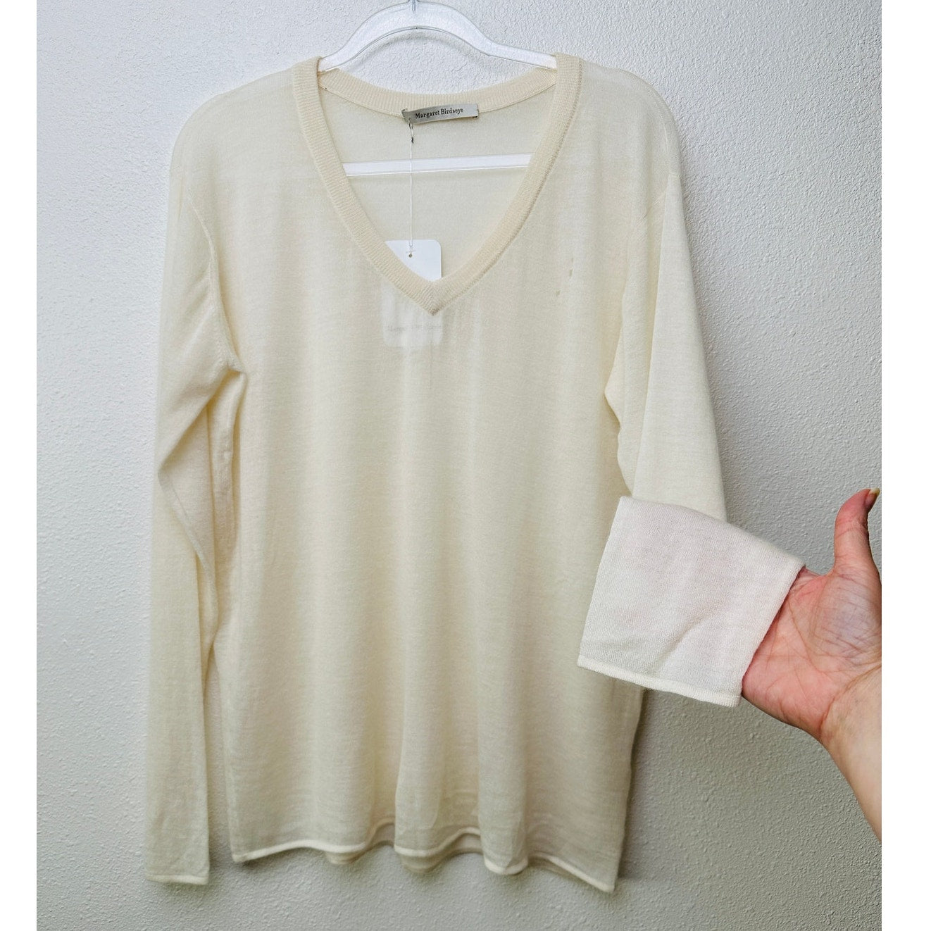 NWT Margaret Birdseye Ivory Cashmere V-Neck Sweater Size M