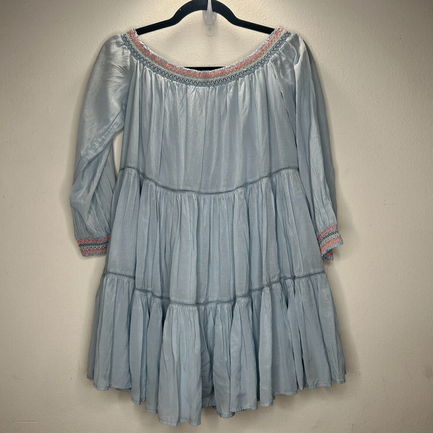 Free People Baby Blue Smocked Off Shoulder Embroidered Tiered Ruffle Mini Dress