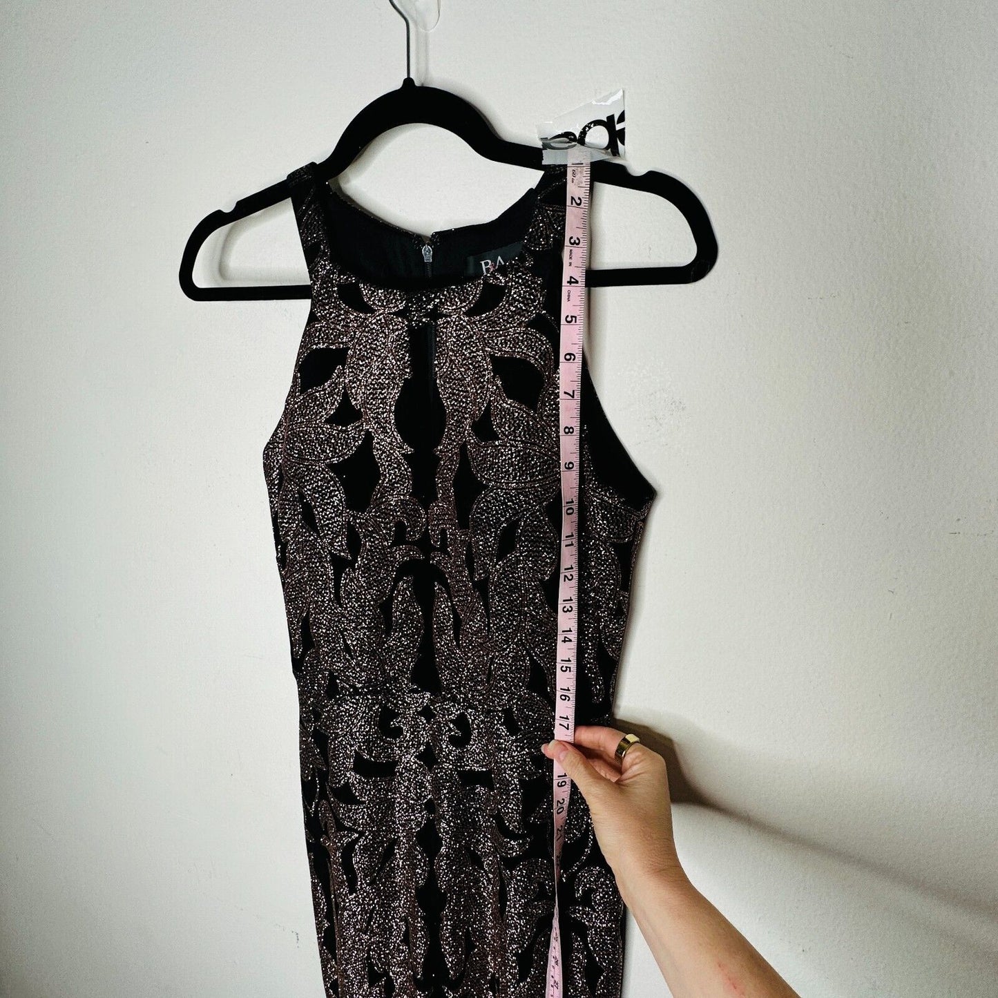 B&A Betsy & Adam Black and Rose Gold Glitter Sleeveless Fitted Halter Dress 6