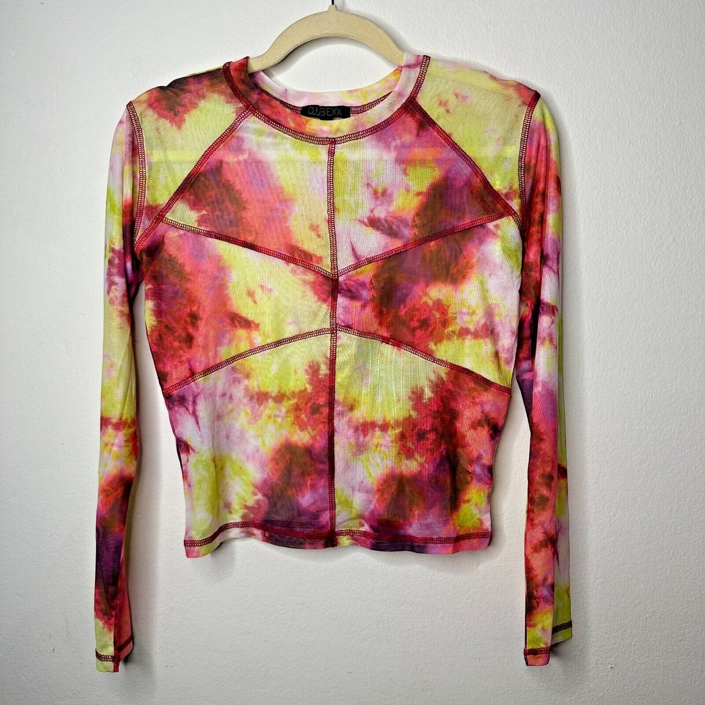 Club Exx Long Sleeve Mesh Crop and Matching Mini Skirt Tie Dye Pink Yellow Red L