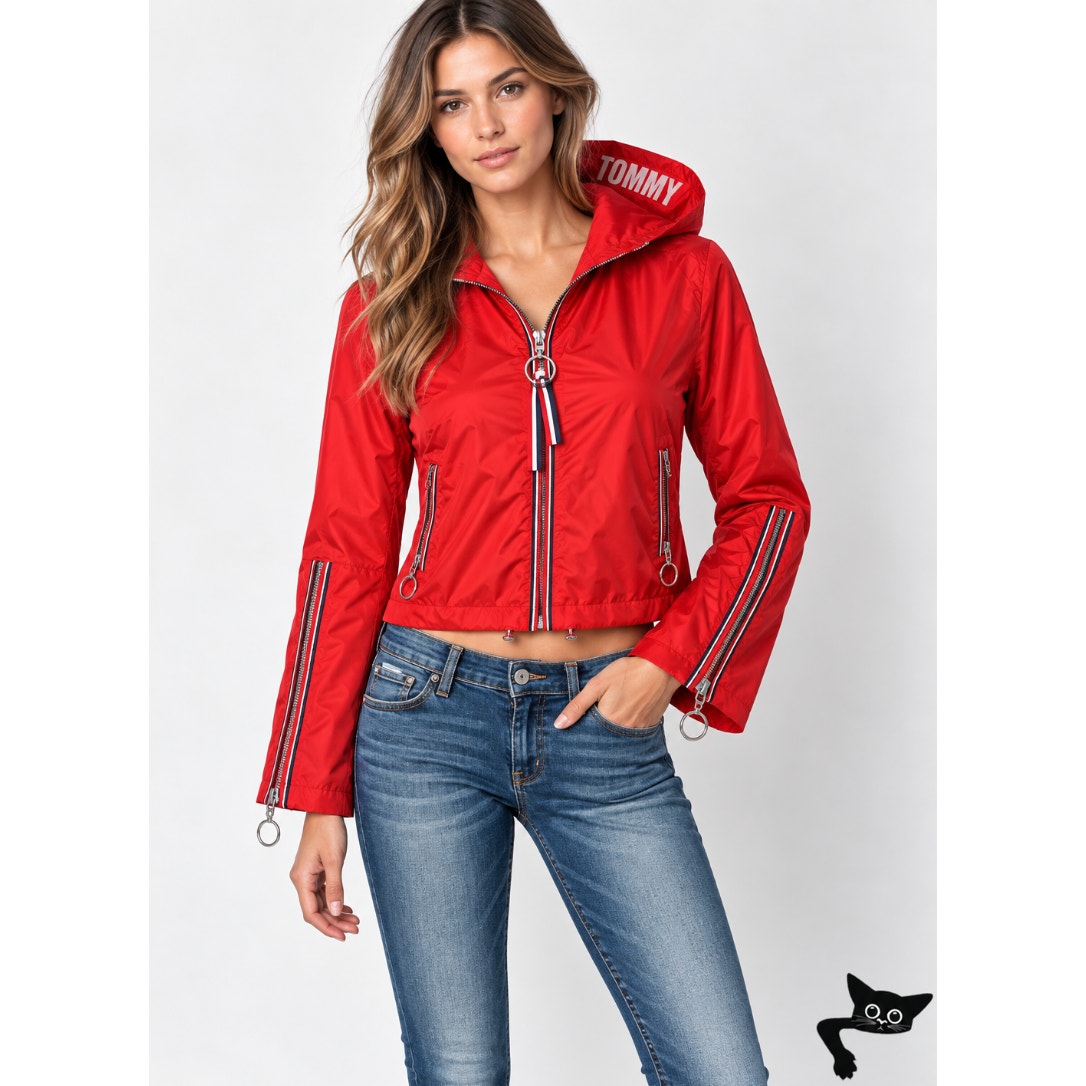 Tommy X Gigi Hadad Visor K-Way Jacket Flame Scarlet-Red Front Zip Mesh Lining SM