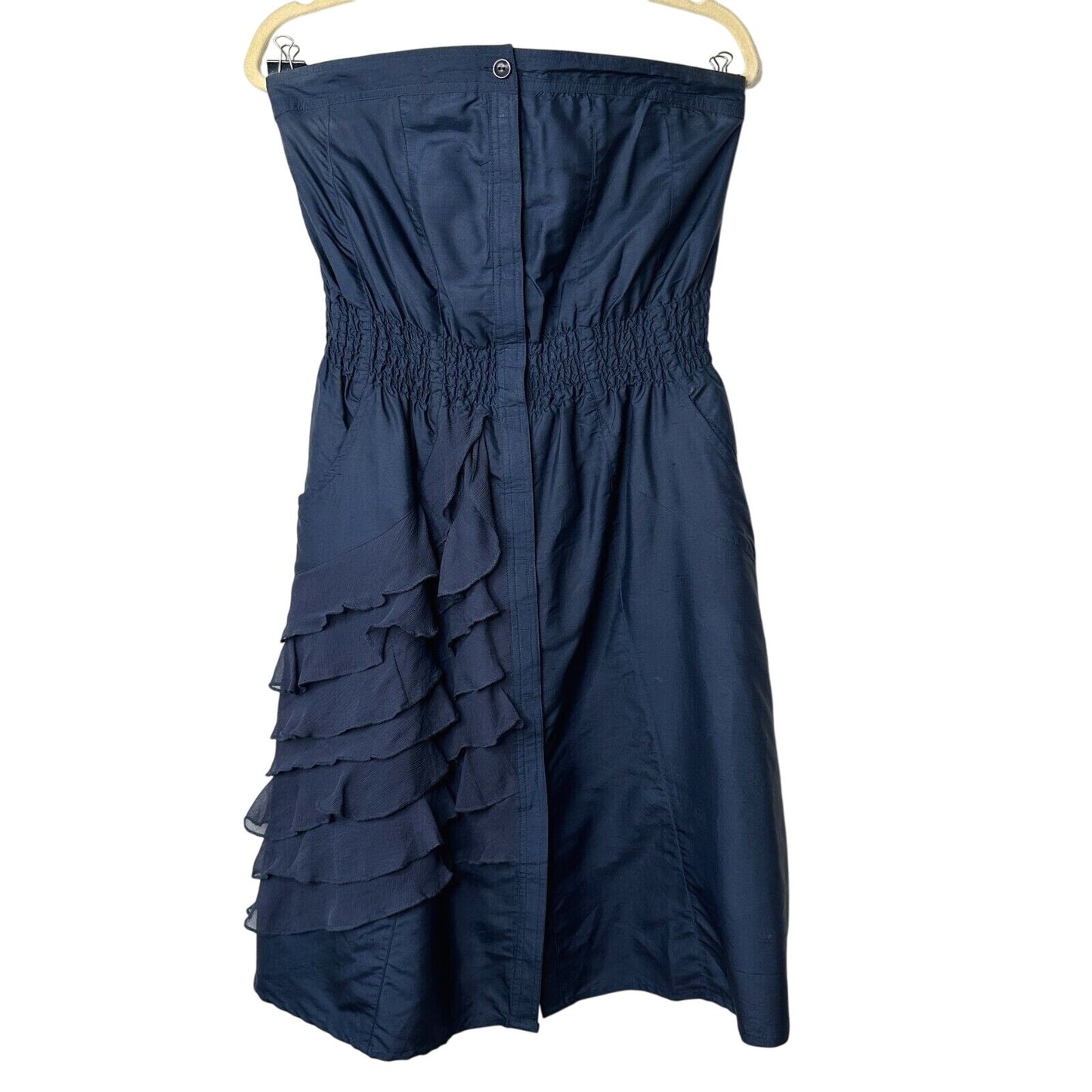 Modern Amusement Cute Strapless Navy Button Down Tiered Ruffle Dress 100% Silk 6
