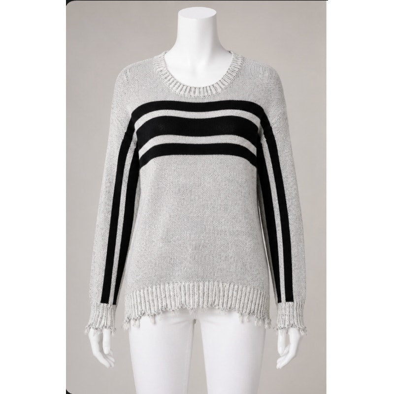 Havana Gray Black Stripe Distressed Long Sleeve Round Neck Sweater Zip Back SM