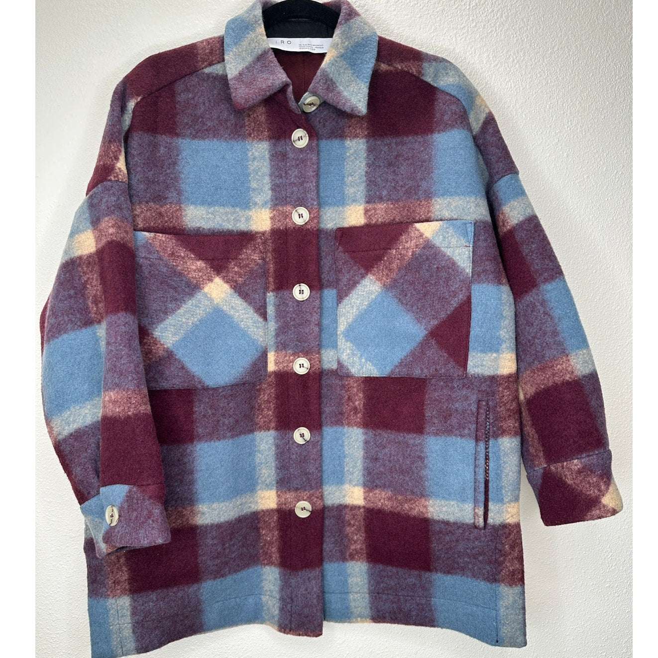 IRO Backpaip Mixed Blue & Burgundy Plaid Long Sleeve Wool Blend Coat L