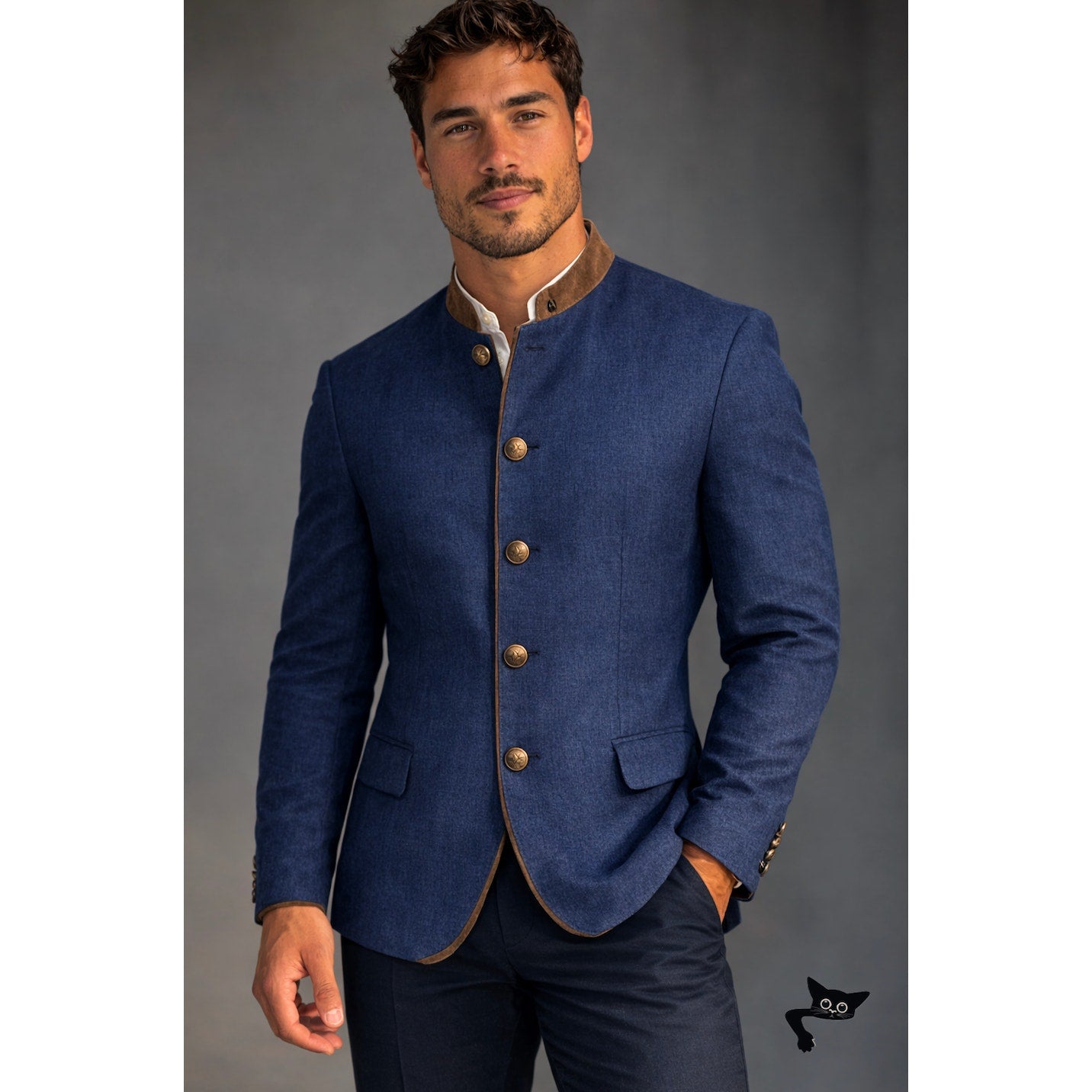 Windsor Men’s Stand-Collar Blue Blazer US 34 (EU 44) Suede Trim