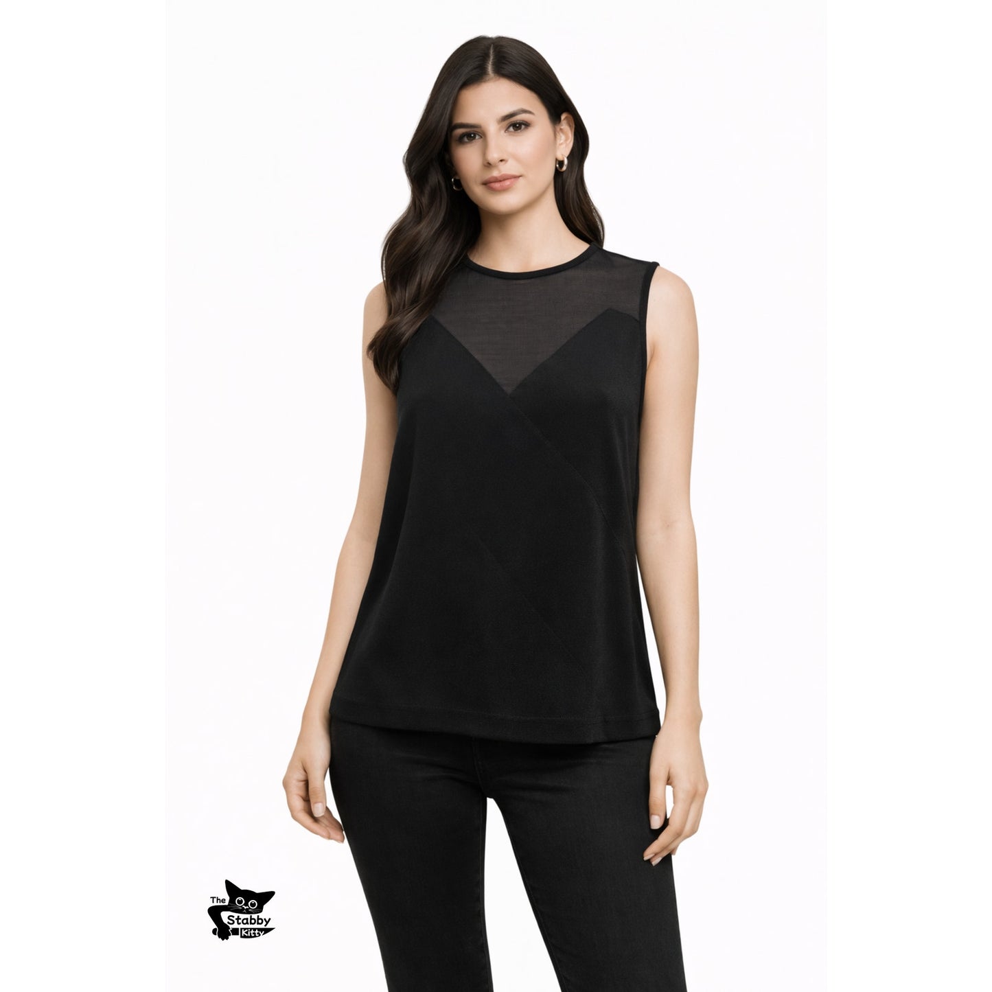 Tibi Black Mixed Media Sheer Sleeveless Back Zip Top US 4