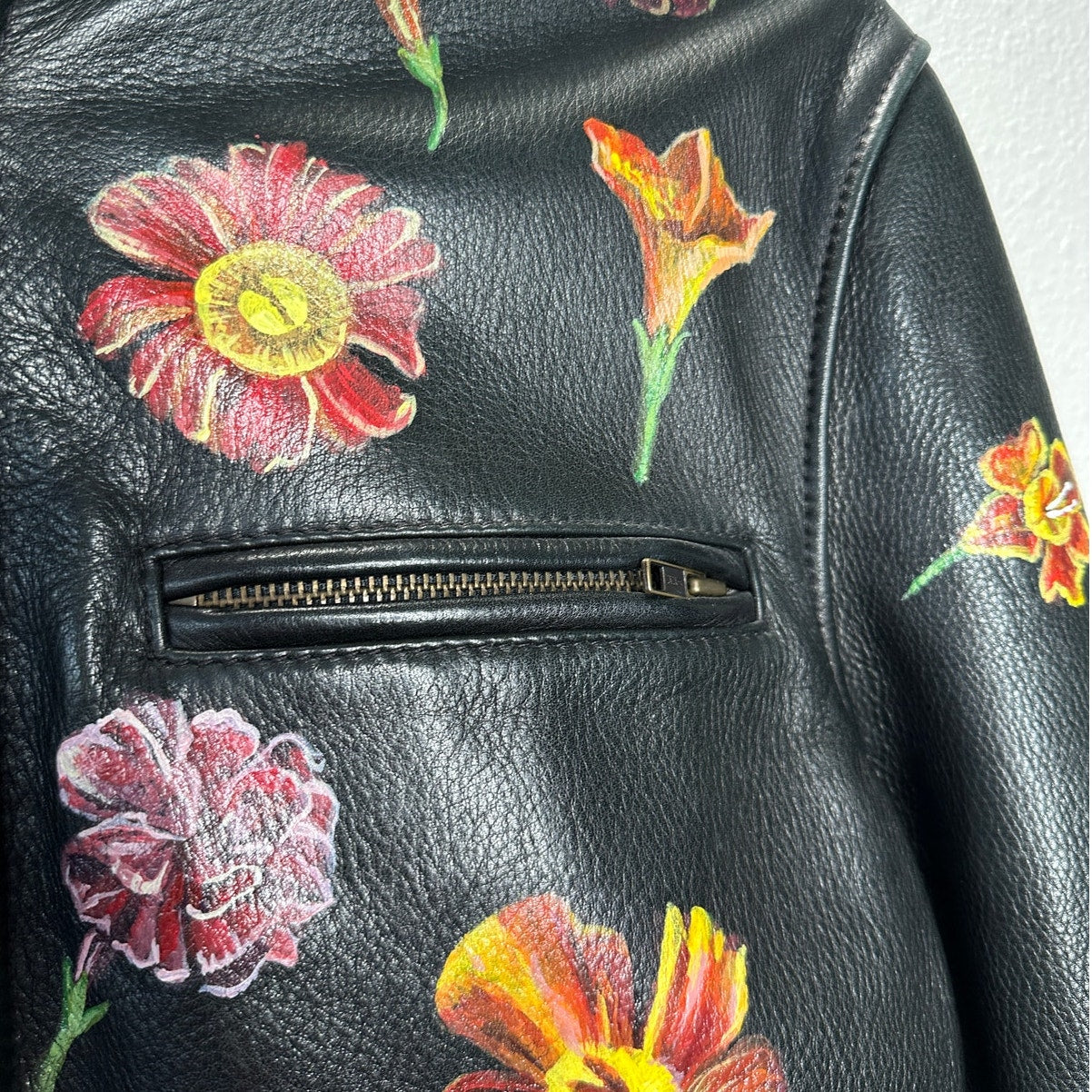 Libertine Hand-Painted Floral Skull Black Leather Moto Jacket M
