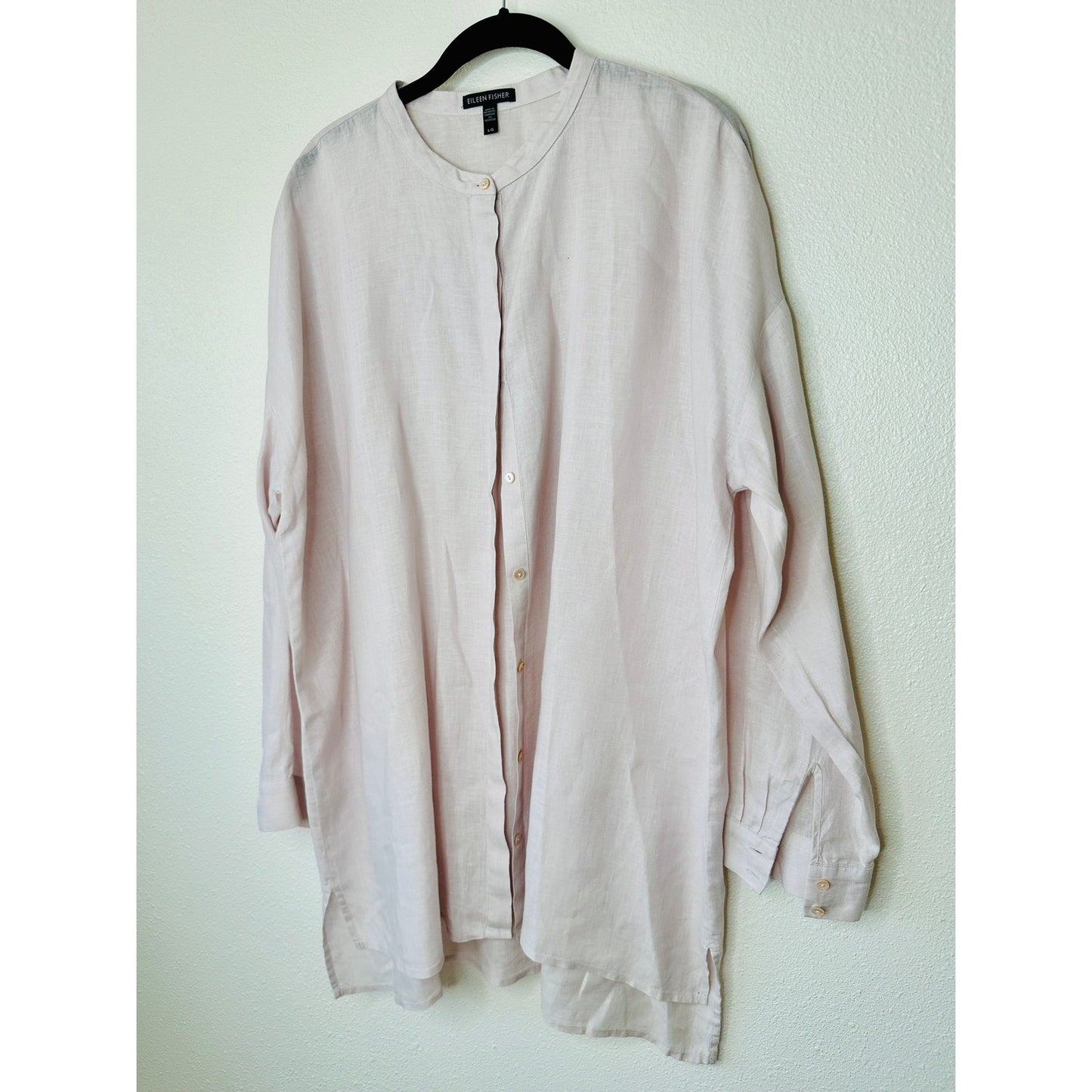 Eileen Fisher Pale Pink Organic Handkerchief Linen Mandarin Collar Shirt L