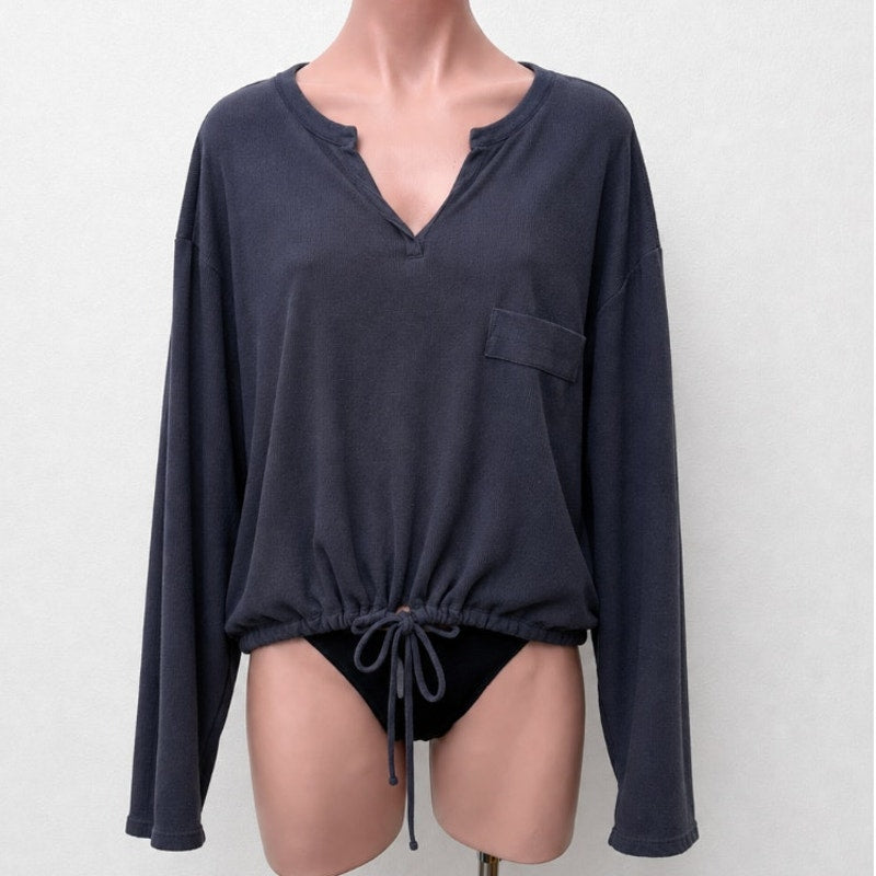 French Connection Drawstring Hem Silk Blend Long Sleeve VNeck Navy Sweater L