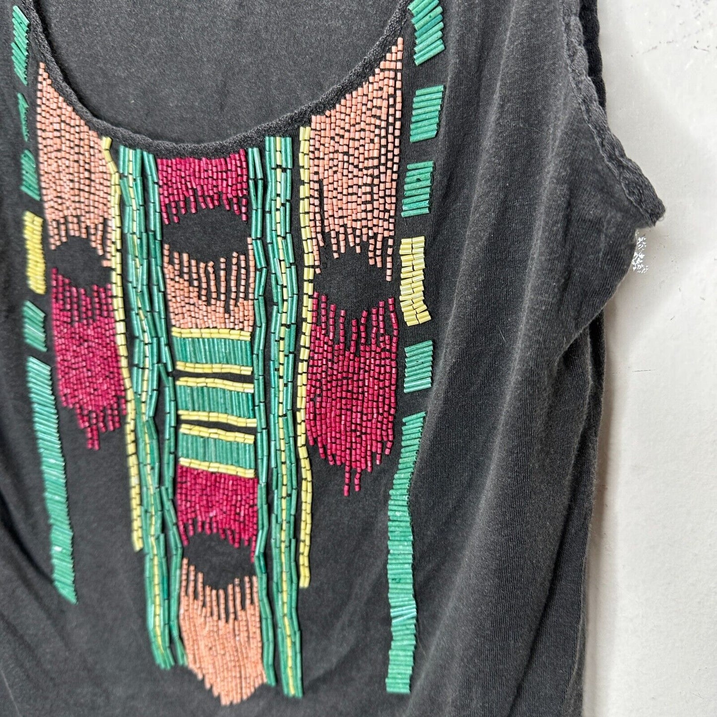 Zara Trafaluc Gray Multicolor Teal Pink Yellow Beaded Aztec Design Tank Top SM