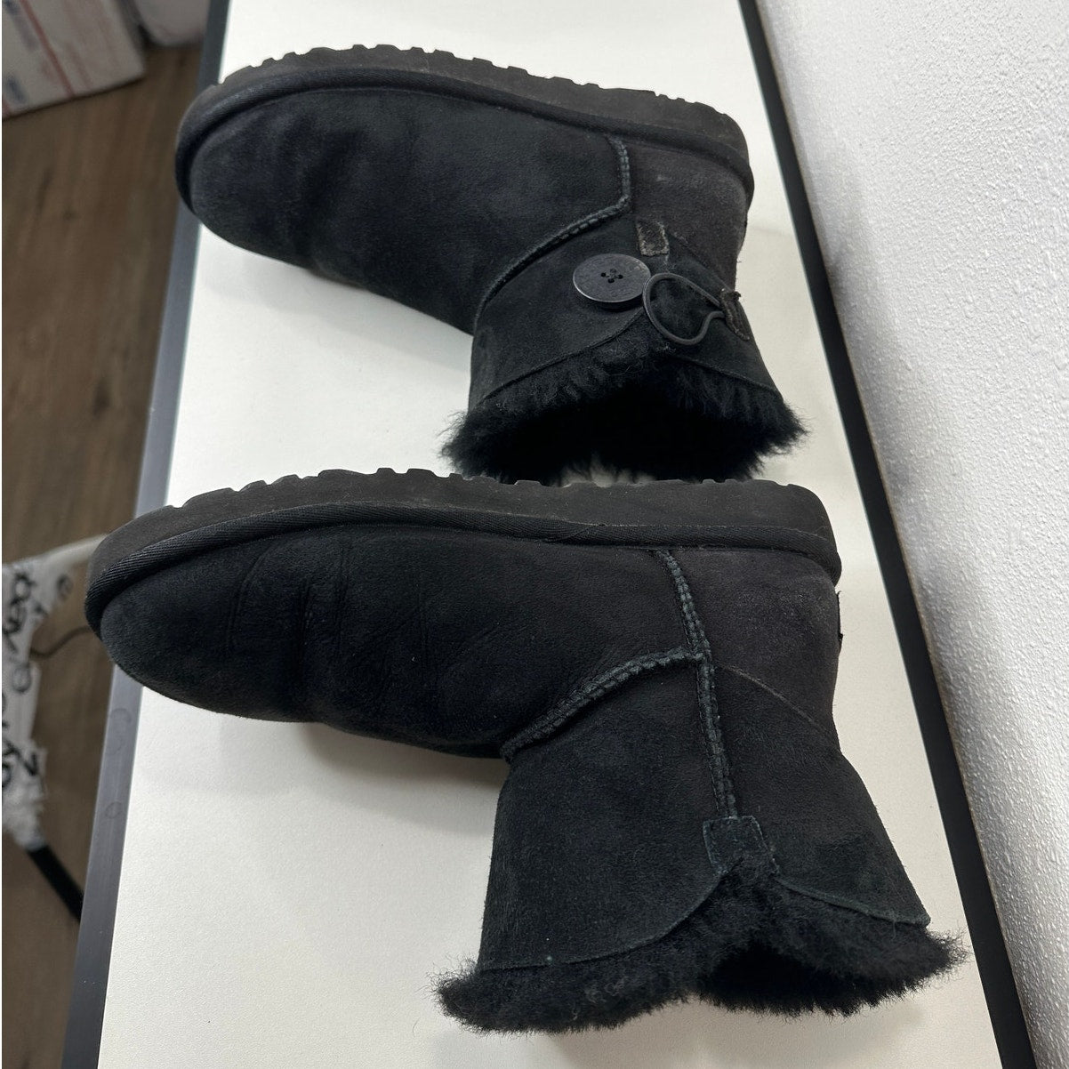 UGG Black Suede Furry Mini Bailey Button Ankle Boot 6