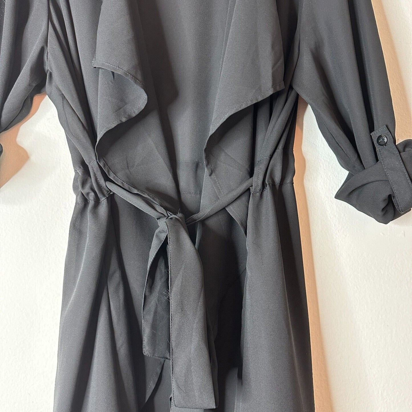 ReVamped Black Flowy Roll Tab Sleeve Tie Waist Waterfall Neck Wrap Dress Small
