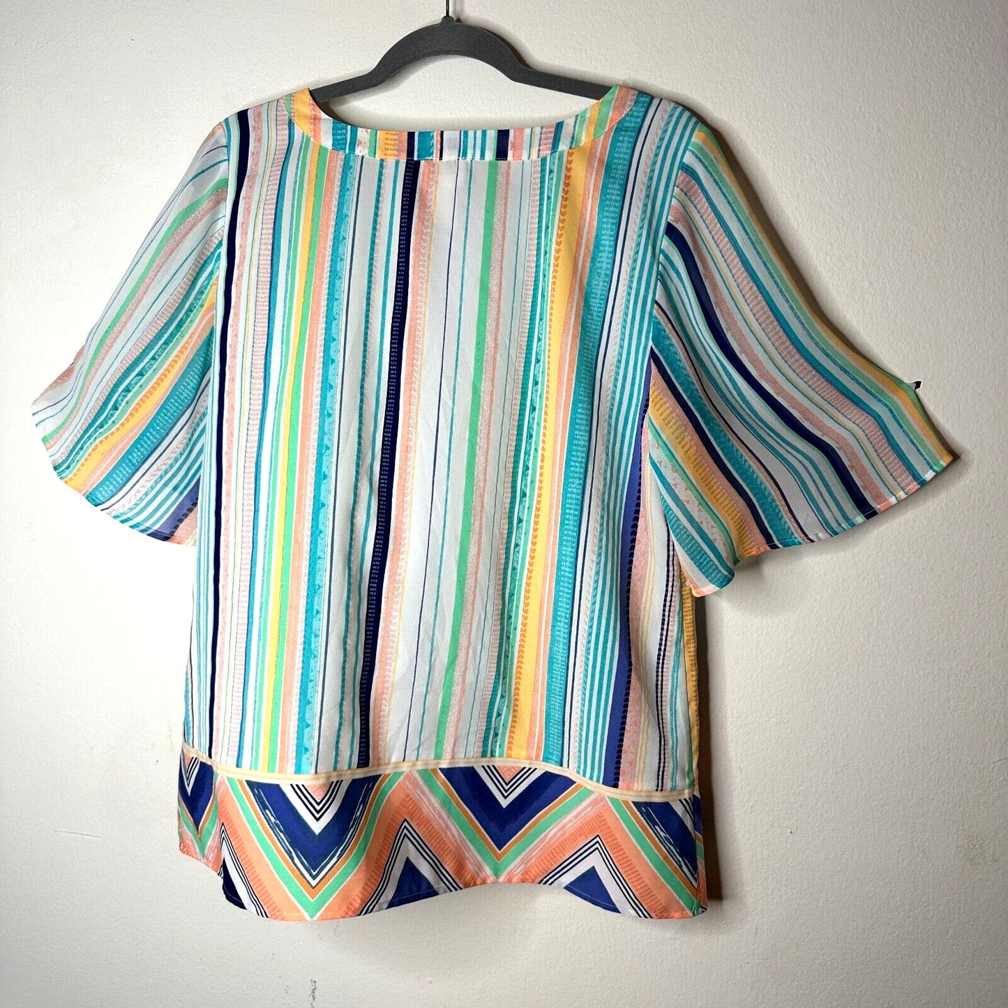 Chico's Aqua Peach and Green White Aztec Striped Boxy Blouse Short Sleeve 1