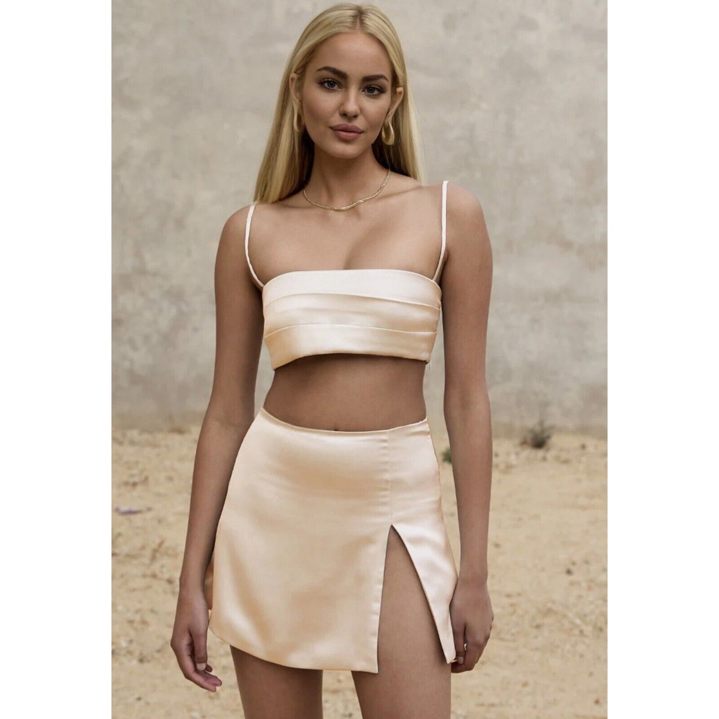 Silkhour Ayu Champagne Satin Skirt Front Kick Split Back Zip Back Sexy Mini SM
