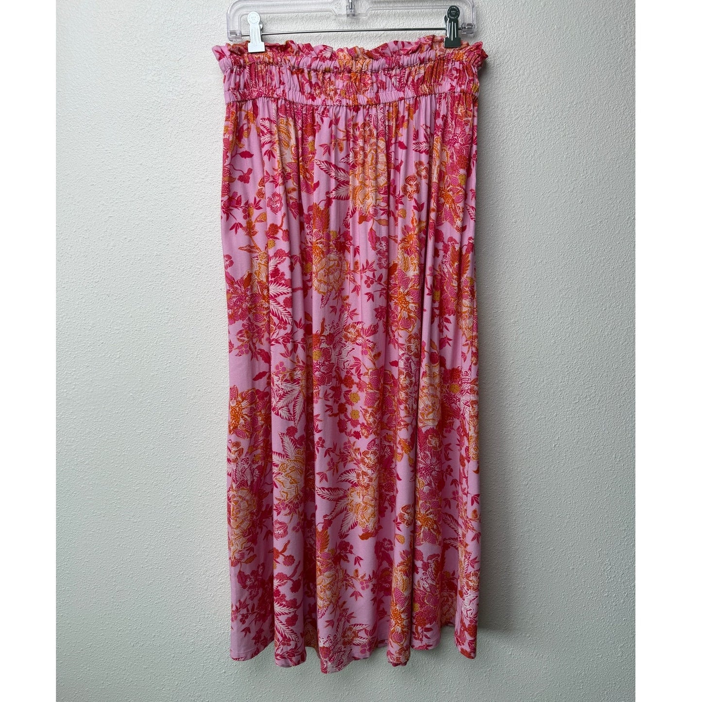 Xirena Pink Tropical Floral Ruched Tie Waist Midi Skirt M