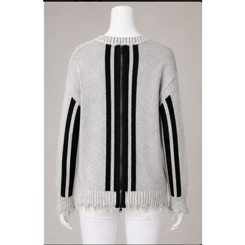 Havana Gray Black Stripe Distressed Long Sleeve Round Neck Sweater Zip Back SM