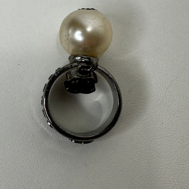 Chanel Paris Silver  Embossed Logo Pearl Crystal Heart Dangle Ring 6.5