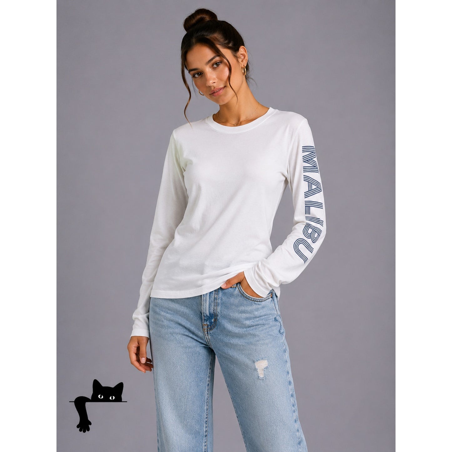 Brandy Melville White with Blue Malibu Graphic Crew Neck Long Sleeve Tee Small