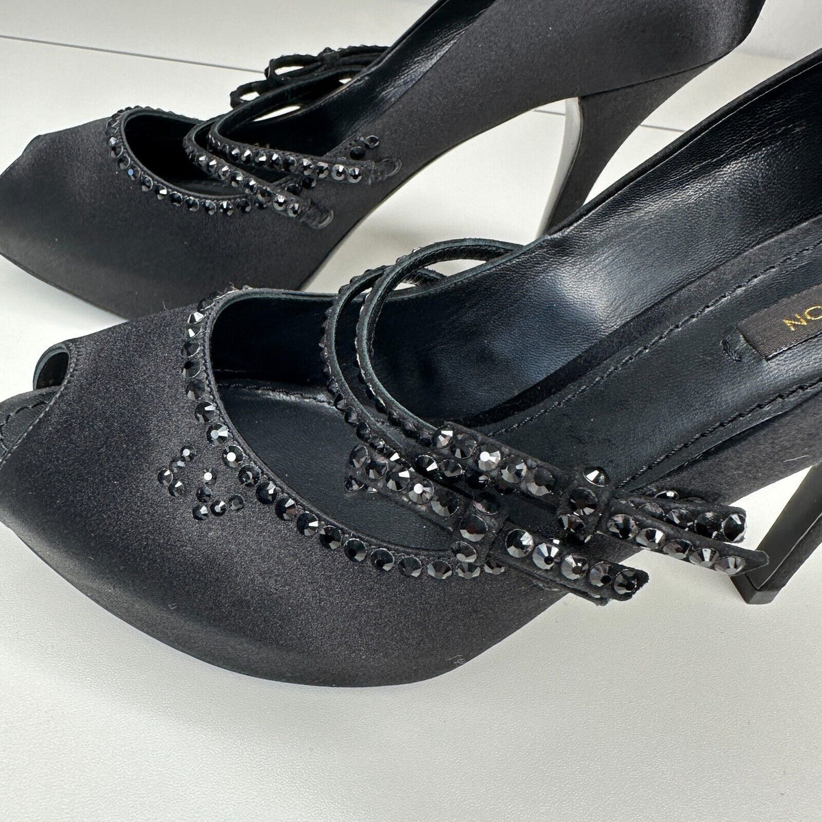 Louis Vuitton Vintage Black Satin Open Toe Crystal Strap Embellished Pumps 37.5