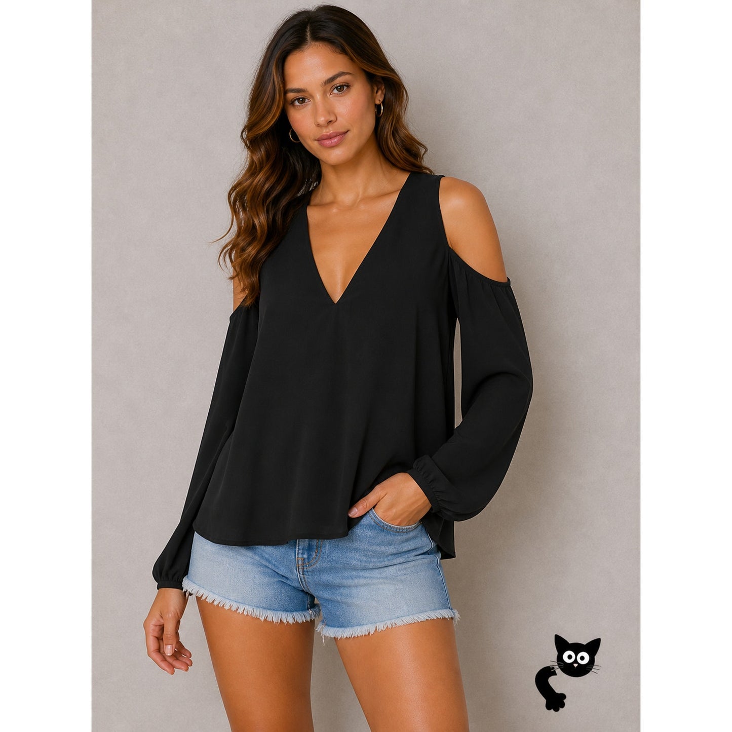 Tobi Black Cold Shoulder Long Sleeve Flowy V-Neck Keyhole Back Blouse M