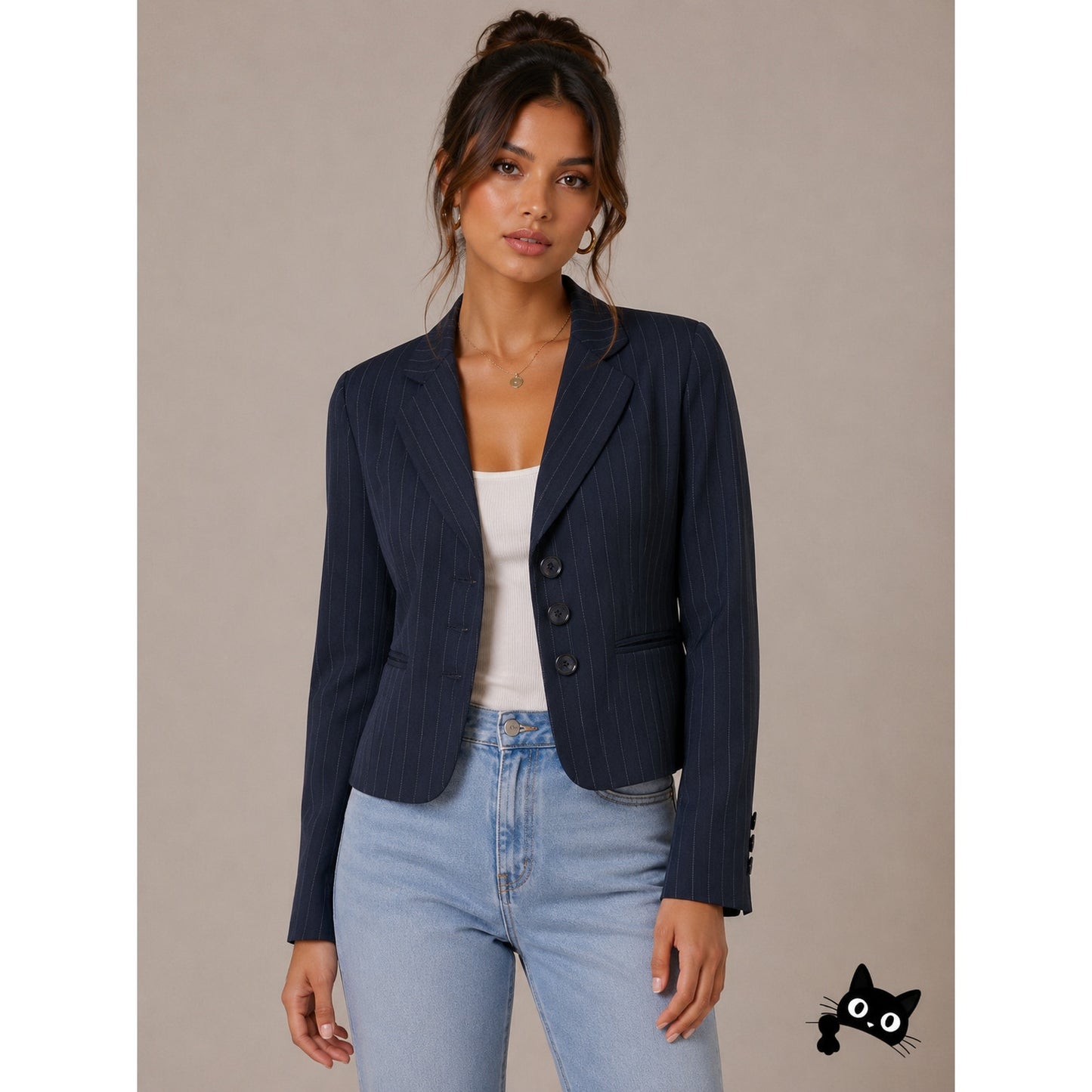 Ann Taylor Navy Pinstripe Crop Blazer Shawl Collar Button Sleeve Welt Pocket OP