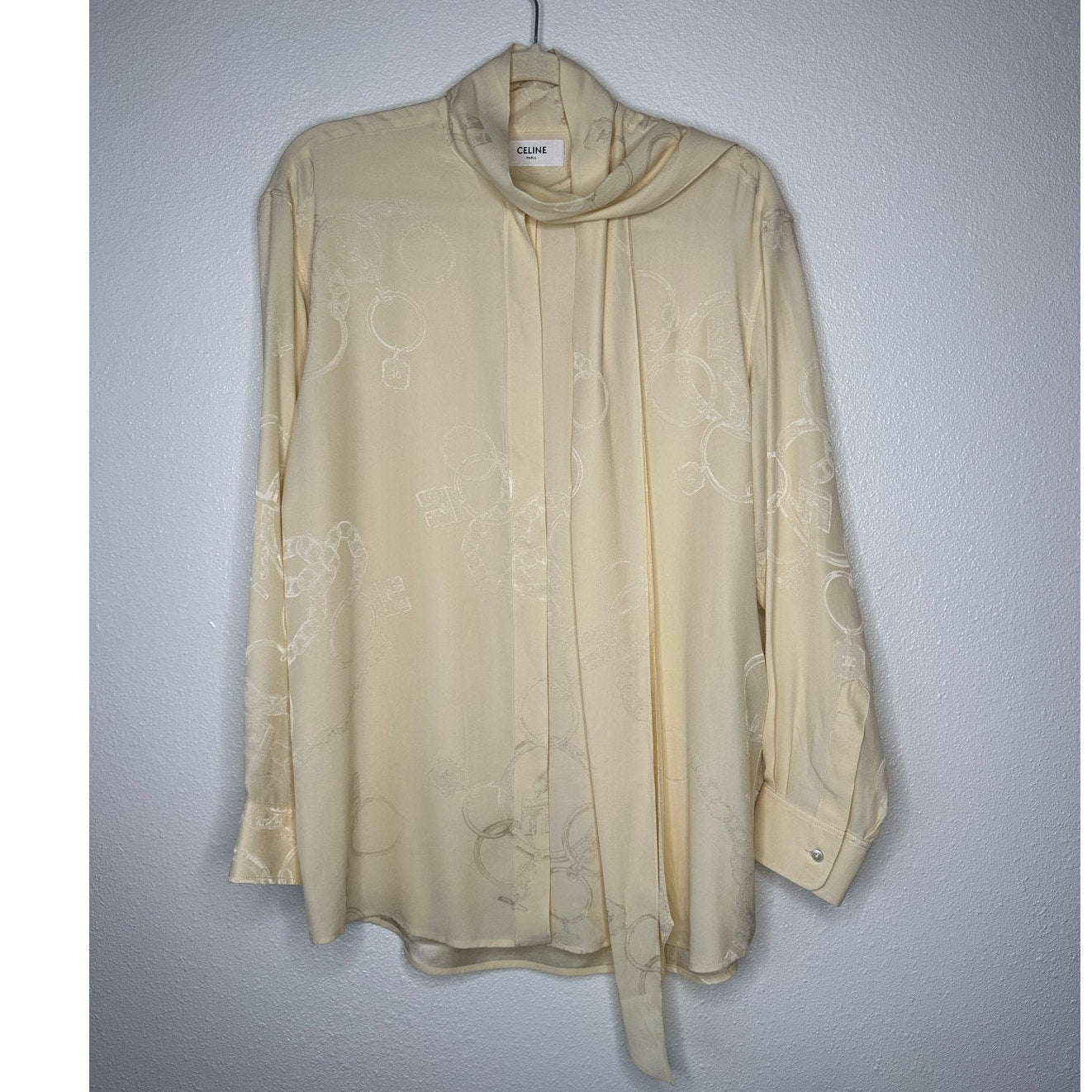 NWT Celine Pale Yellow Chemise Boyfriend Lavallieri Silk Chain Blouse 40 / L