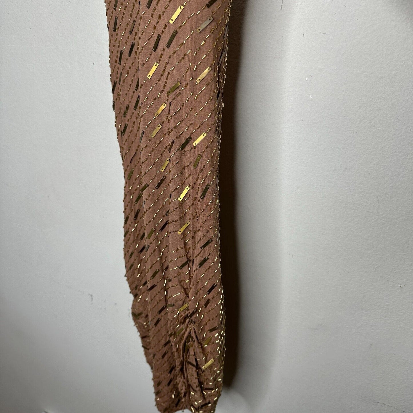 Haute Hippie Chocolate Brown Tank Mini Dress Side Ruche Gold & Beaded Adornment