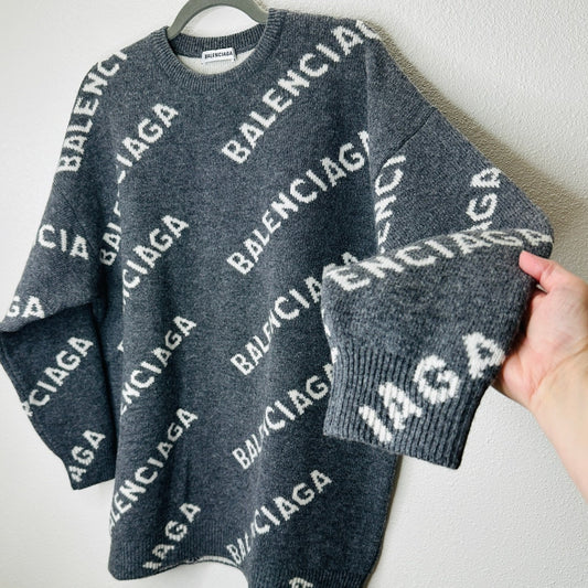 Balenciaga Dark Gray Long Sleeve White Logo'd Crew Neck Sweater L