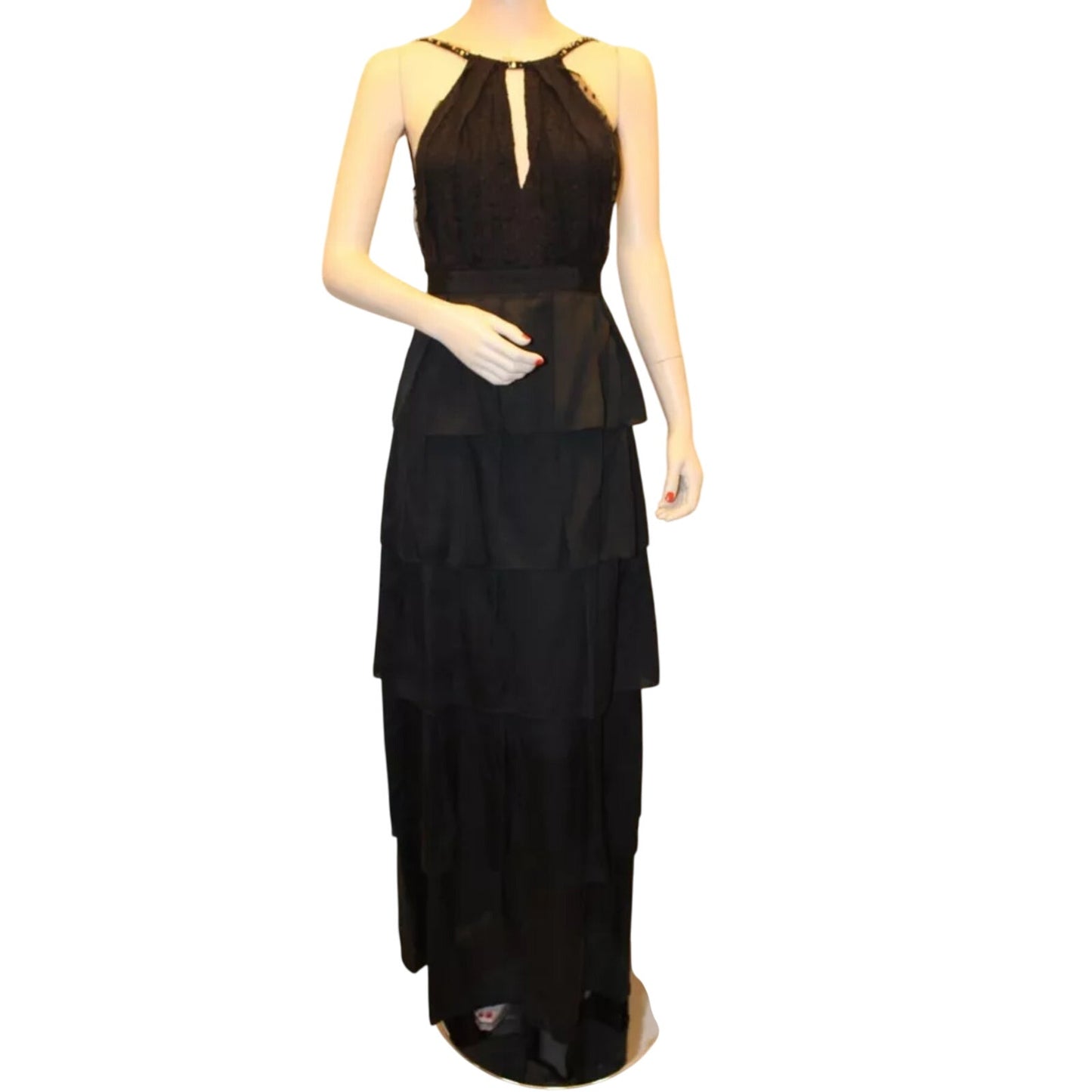 BCBGMAXAZRIA Black Lace Tiered Ruffle Low Back Keyhole Front Maxi Dress 4