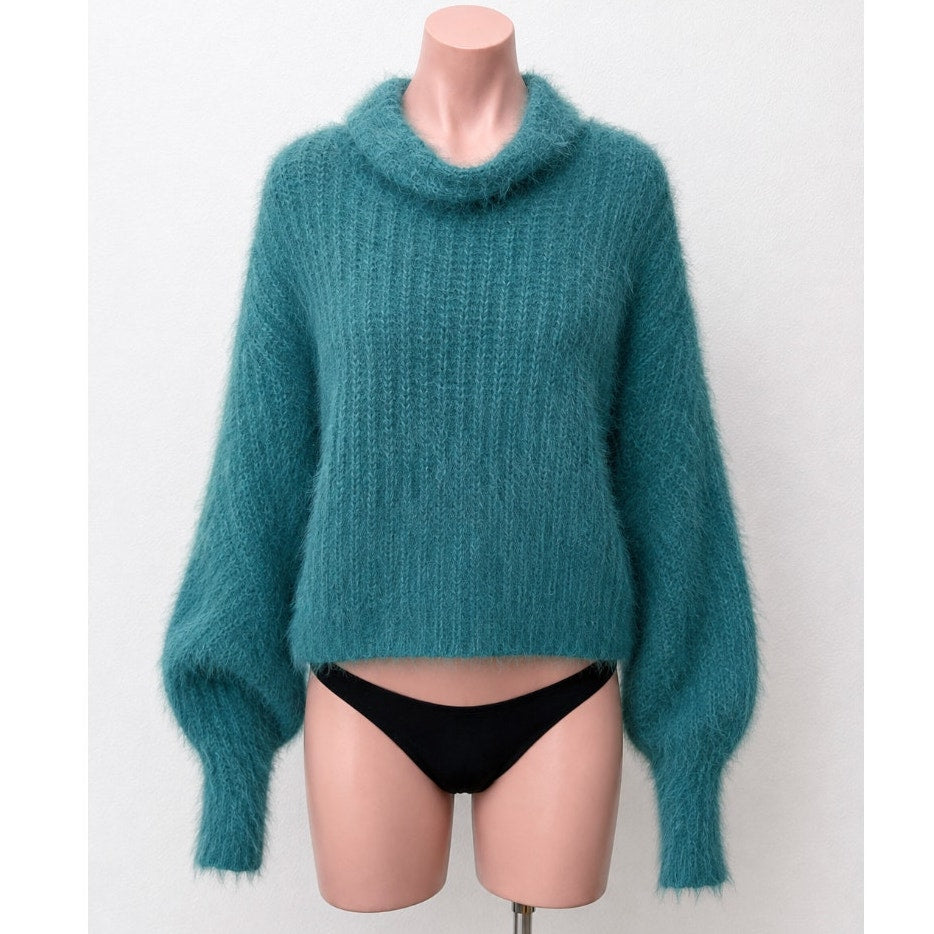 Express Green Fuzzy Long Sleeve Mock Neck Crop Sweater XS