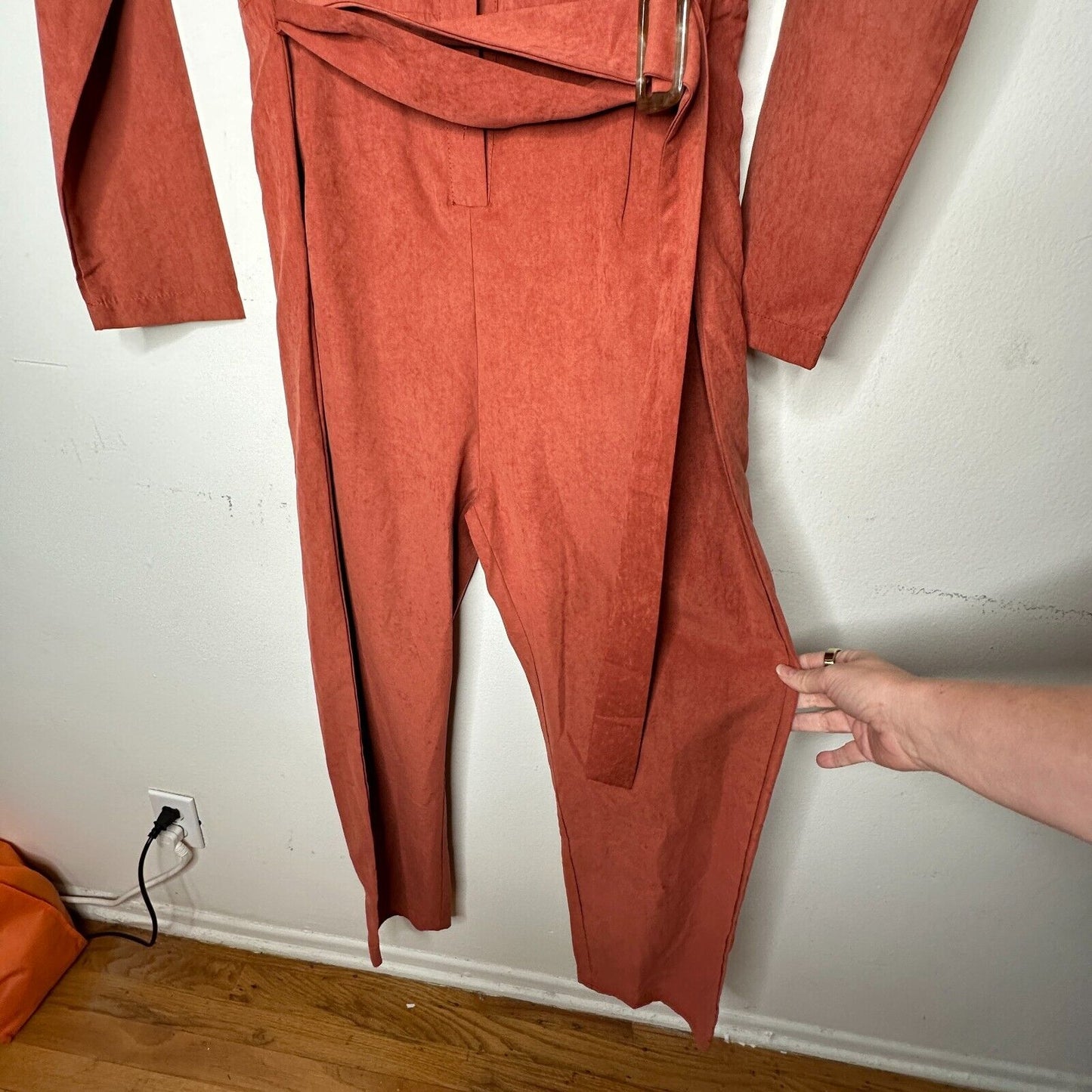 NWT Boohoo Rust Utility Cargo Belted Jumpsuit Tapered Leg Front Safari Pocket 7