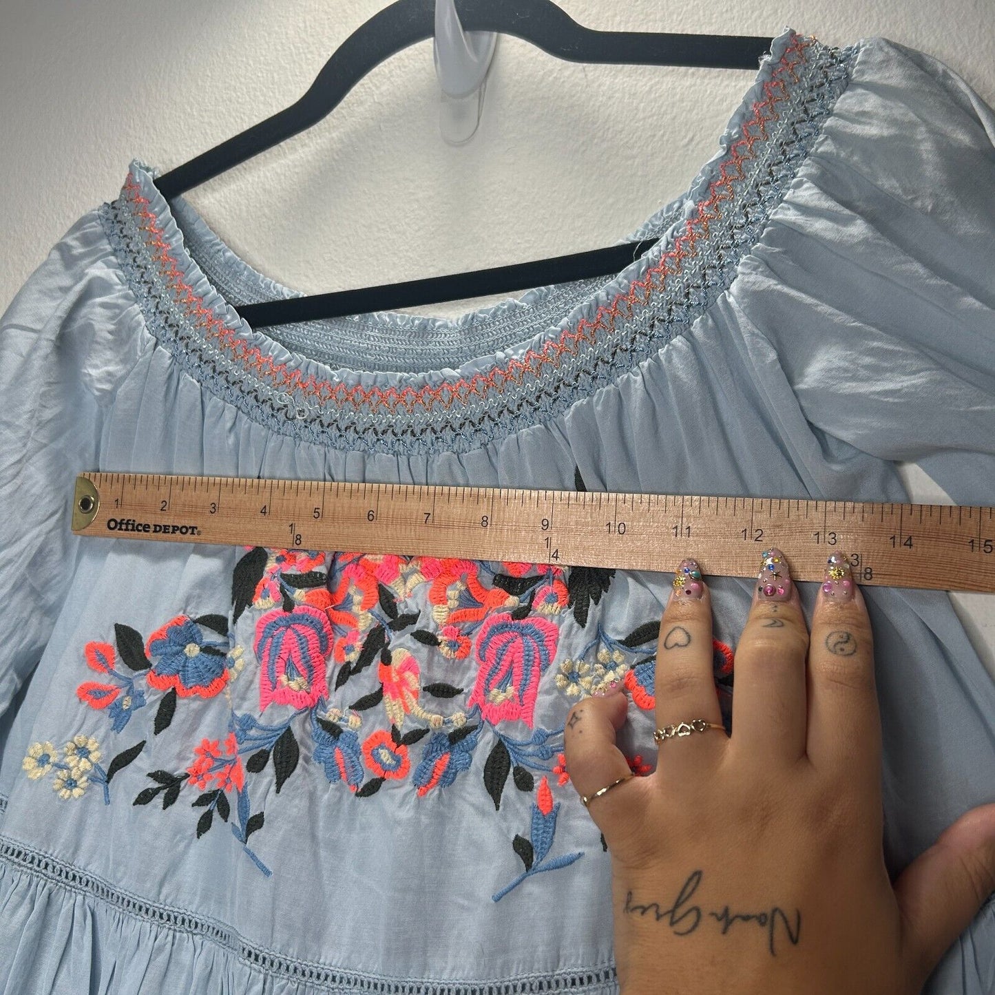 Free People Baby Blue Smocked Off Shoulder Embroidered Tiered Ruffle Mini Dress