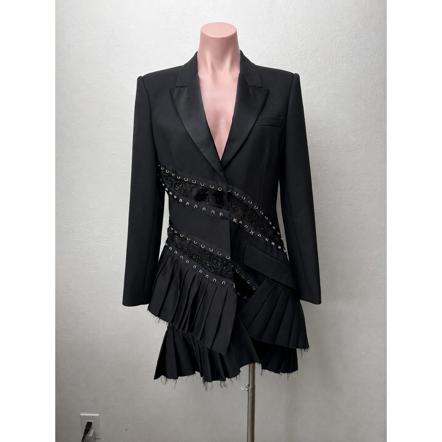Alexander McQueen FW19 Runway Black Blazer Pleated Lace Jacket Dress L