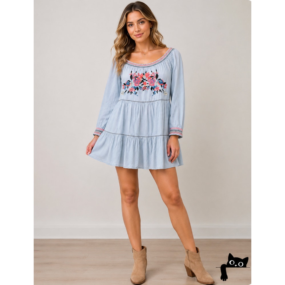 Free People Baby Blue Smocked Off Shoulder Embroidered Tiered Ruffle Mini Dress