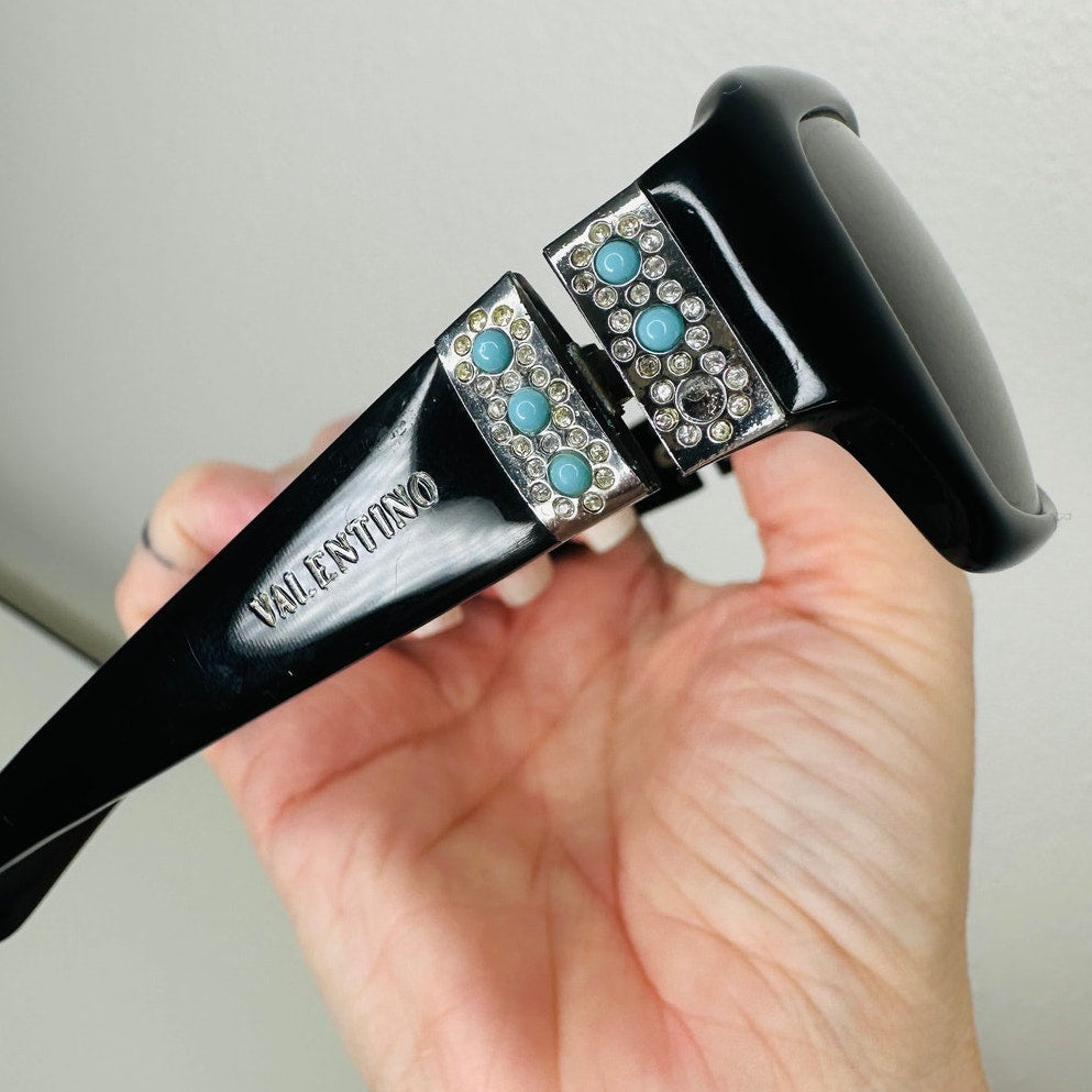Valentino Black Sunglasses with Silver & Blue Bead Embellishment