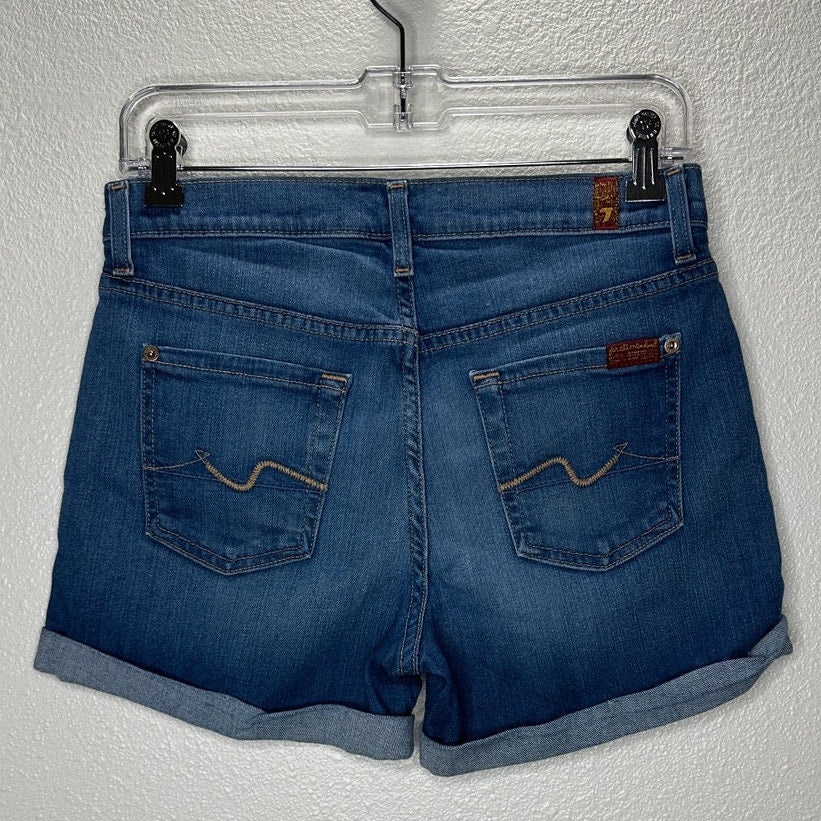 7 For All Mankind Medium Wash Mid Rise Button Fly Roll Up Cuff Jean Shorts 26