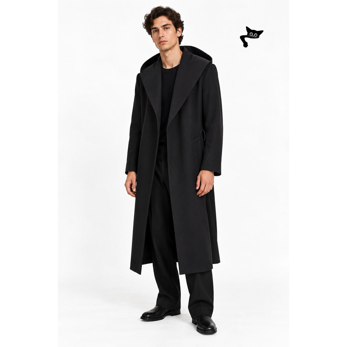 NWT Yves Saint Laurent Black Virgin Wool Hooded Long Coat Unisex Size 40
