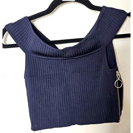 Arc Navy Blue Off Shoulder Ribbed Sweater Silver Side Zip Crop Top P S