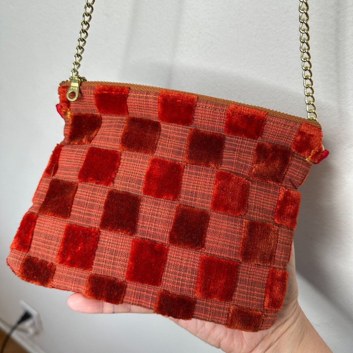 Rust Orange Velvet Checked Gold Chain Strap Zipper Top Slim Mini Purse