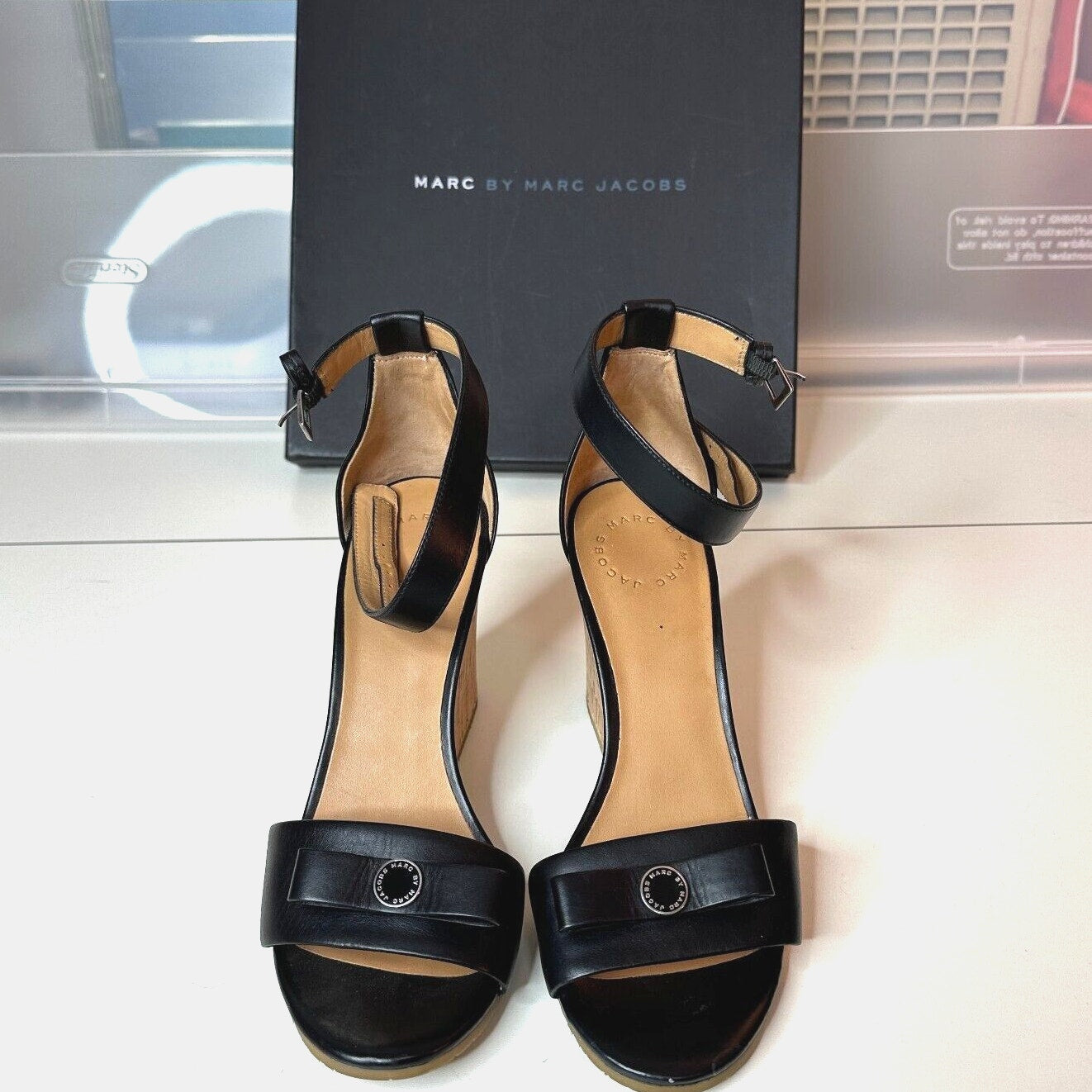 Marc by Marc Jacobs Black Leather & Cork Wedge Ankle Strap Sandals Silver 7.5
