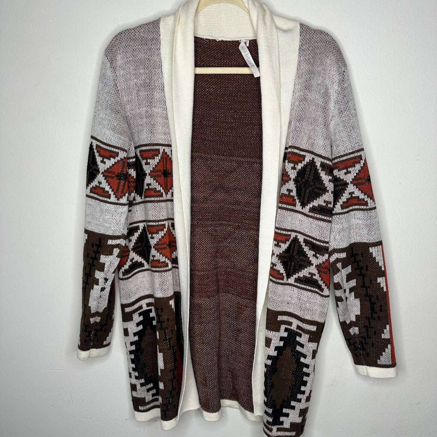 Mags & Pye Cream Brown Rust Native Aztec Print Longline Cardigan Sweater Medium