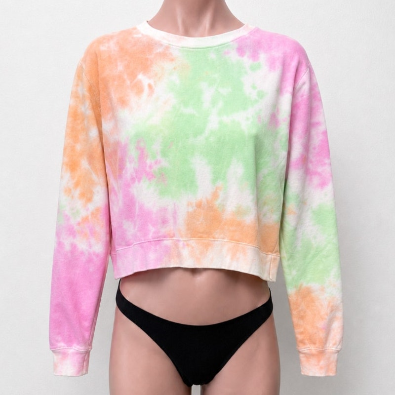 Southern Spirit Pale Sherbet Pink Green Tie Dye Long Sleeve Crew Sweatshirt S