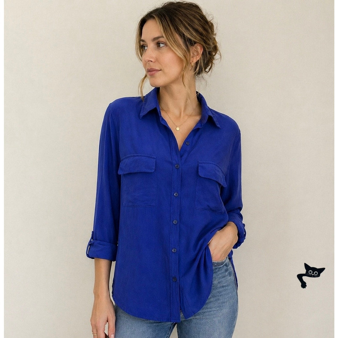 New Nexx York 100% Silk Periwinkle Button Front Blouse Womens L