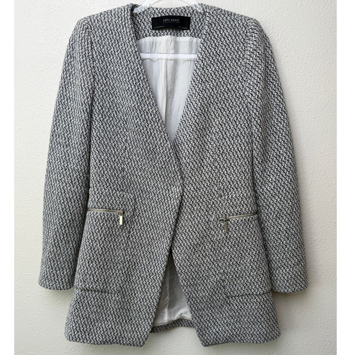 Zara Navy Ivory Tweed Collarless Blazer Women S