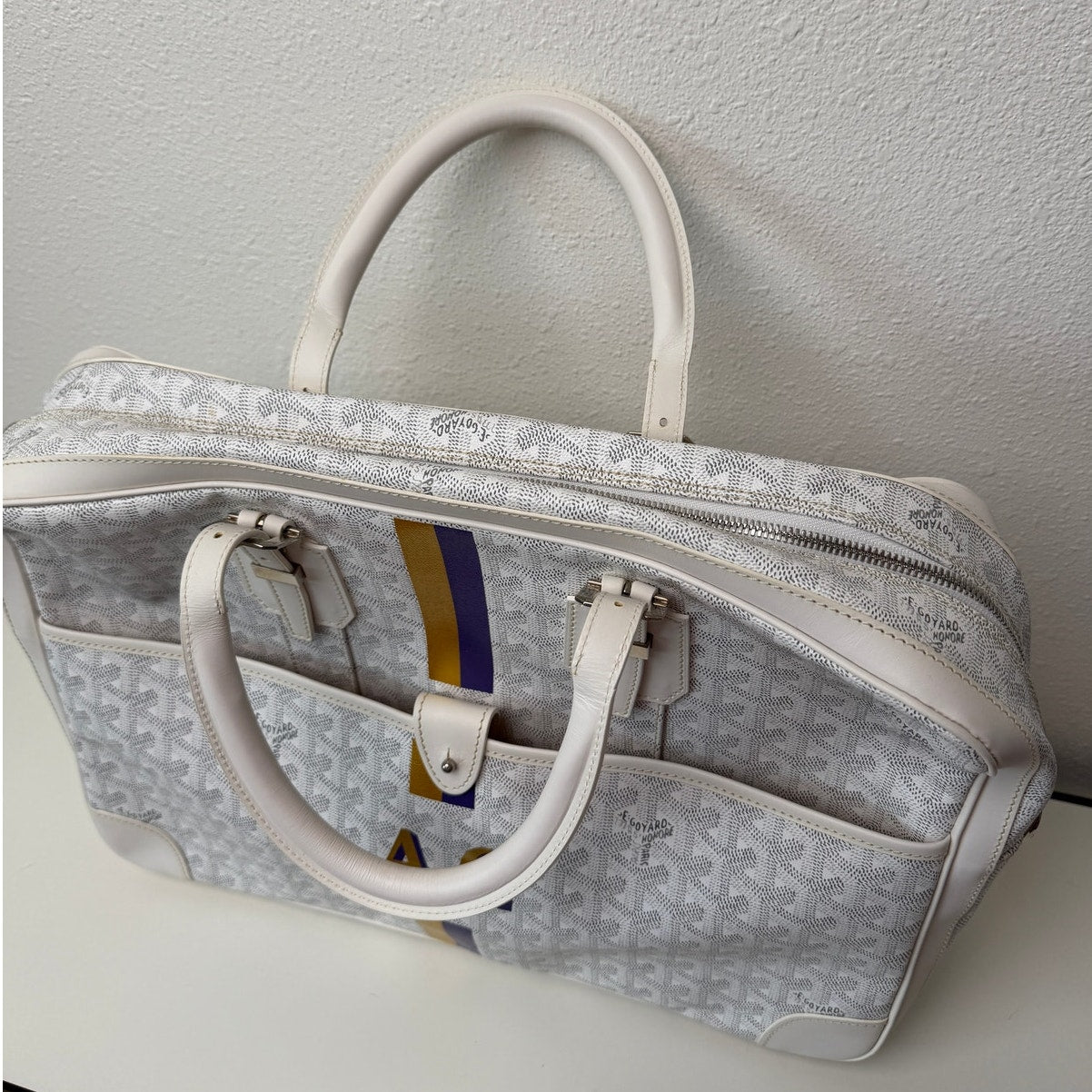 Goyard Ambassade MM White Goyardine Briefcase Laptop Bag AG Personalized