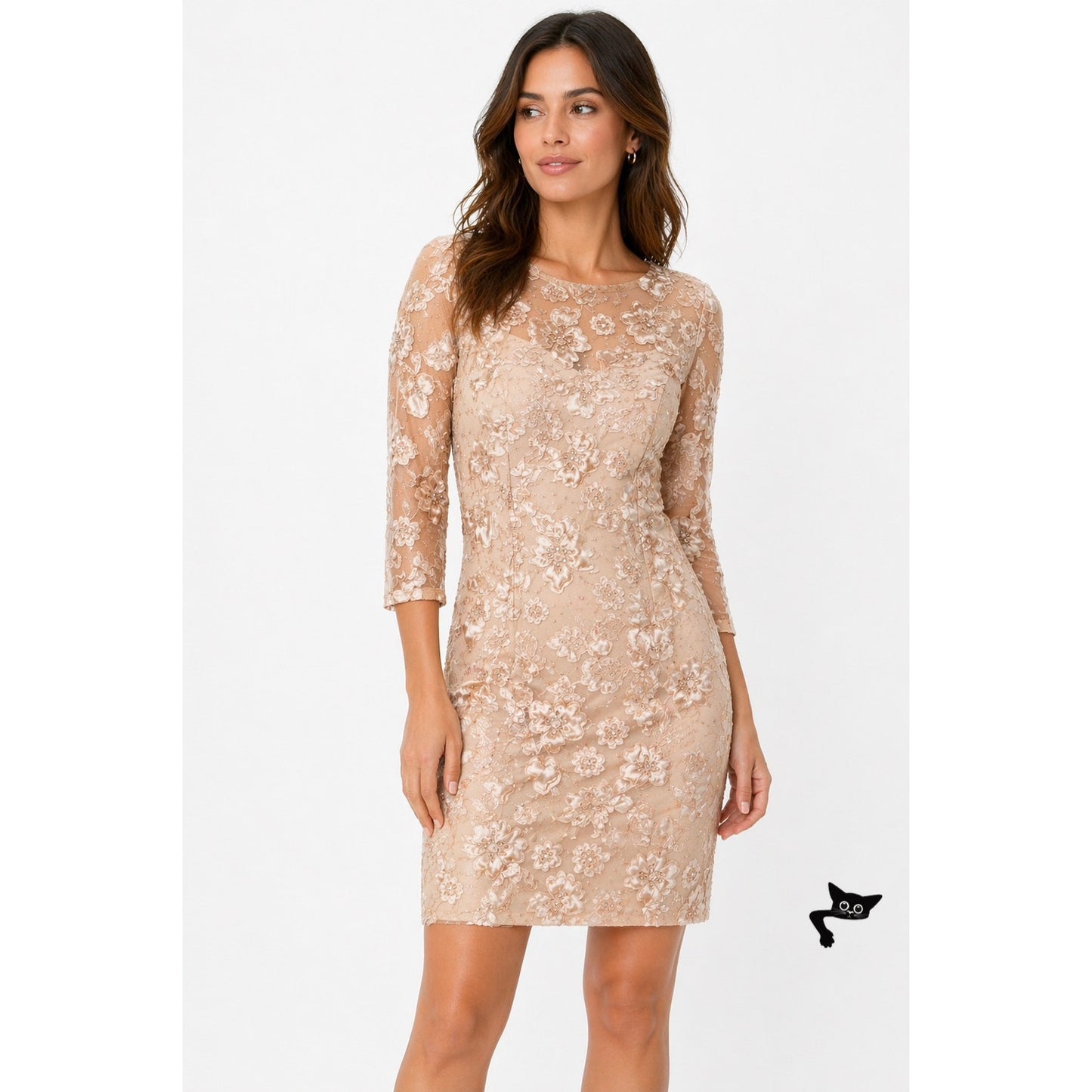 NWT Sue Wong Copper Lace Sheer Mesh Dress 3/4 Sleeve Floral Satin Size 14