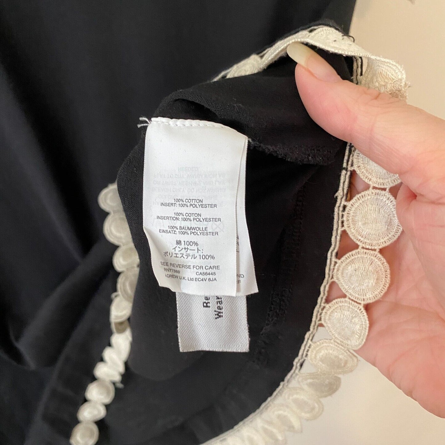 J Crew Comfy Black and Cream Embroidery Stitch Circles Sleeve Hem Design Top XXS